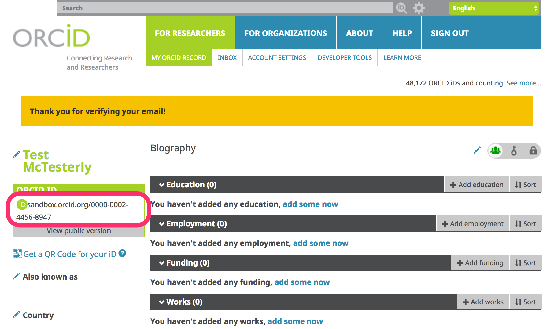 New ORCID Sandbox record