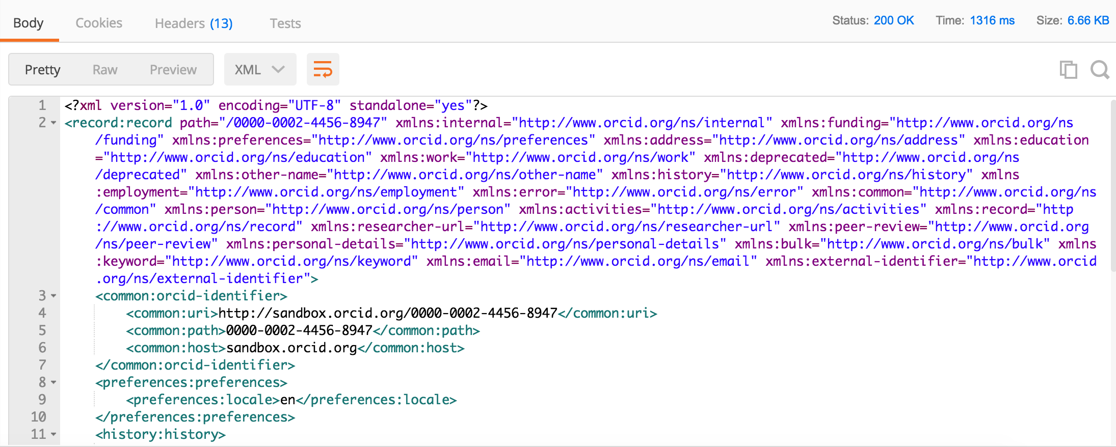 Postman response for ORCID record summary