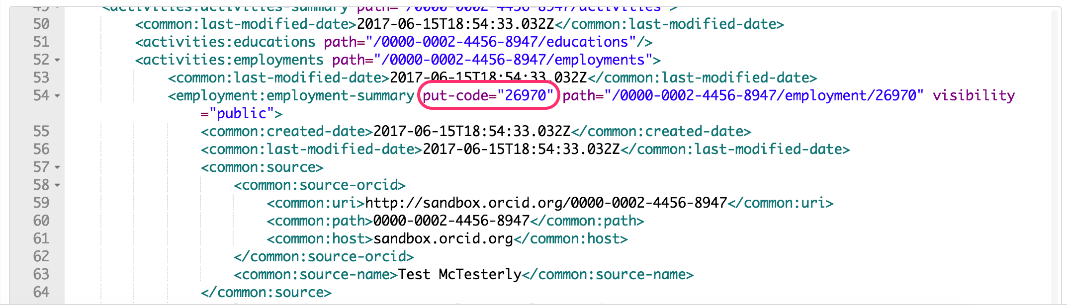 XML showing put-code for an employment item on an ORCID record