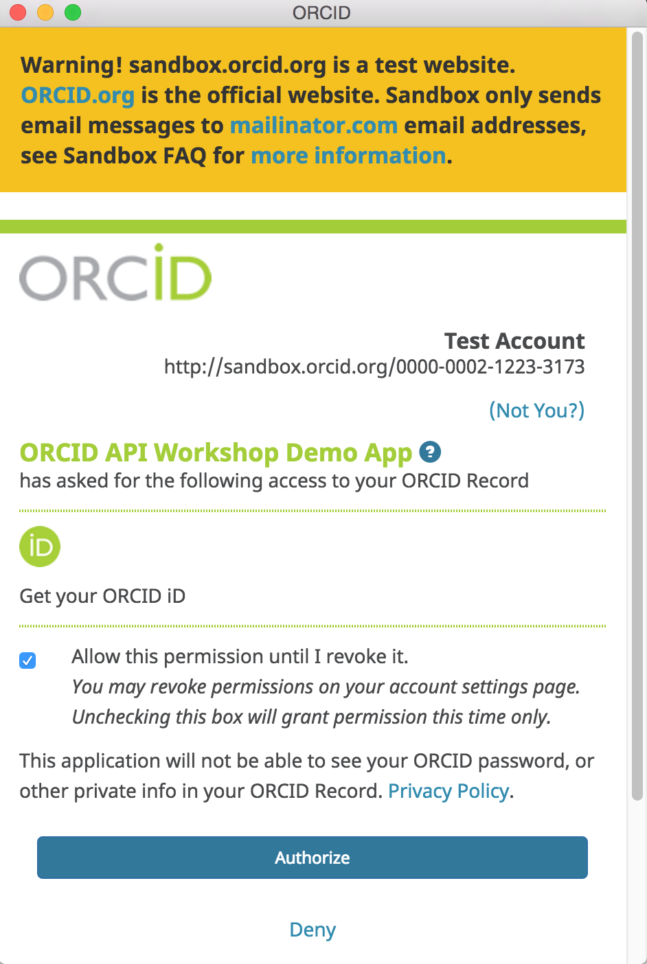 ORCID Sandbox authorization screen