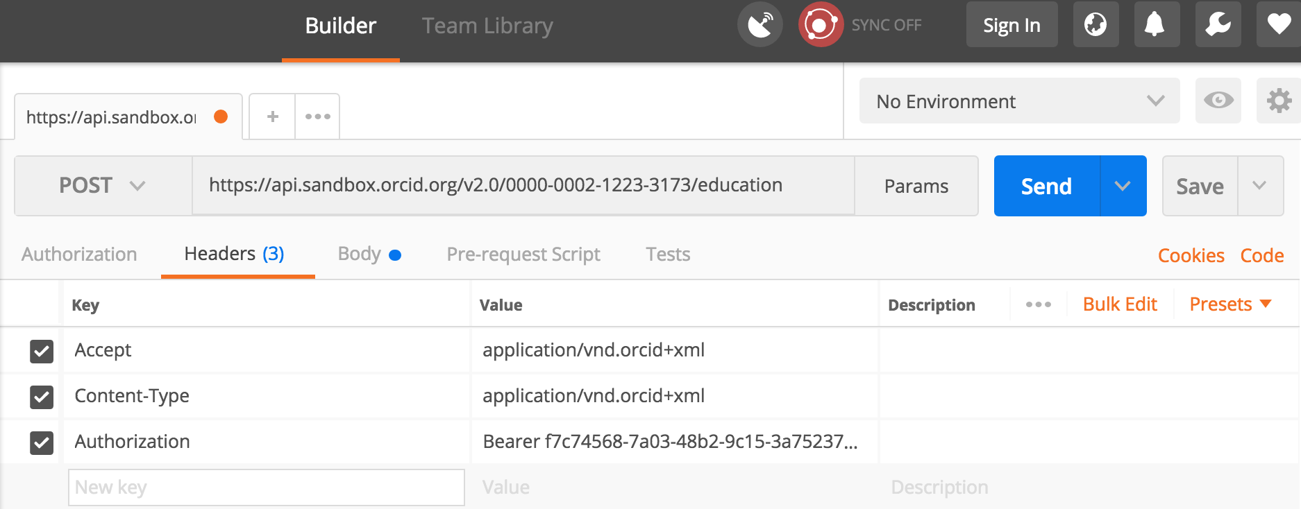 Postman headers config for education affiliation POST request