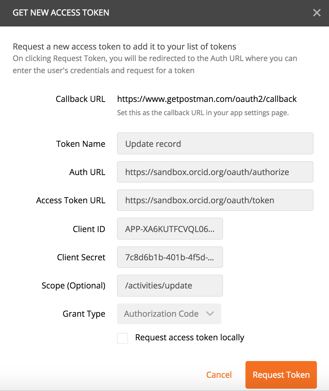 Postman config for exchanging authorization code for access token