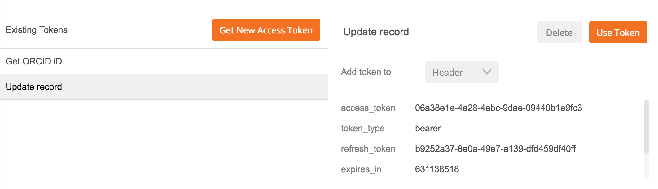 Postman response for an access token request