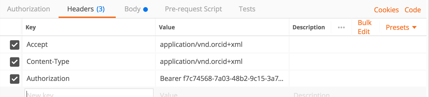 Postman header configuration