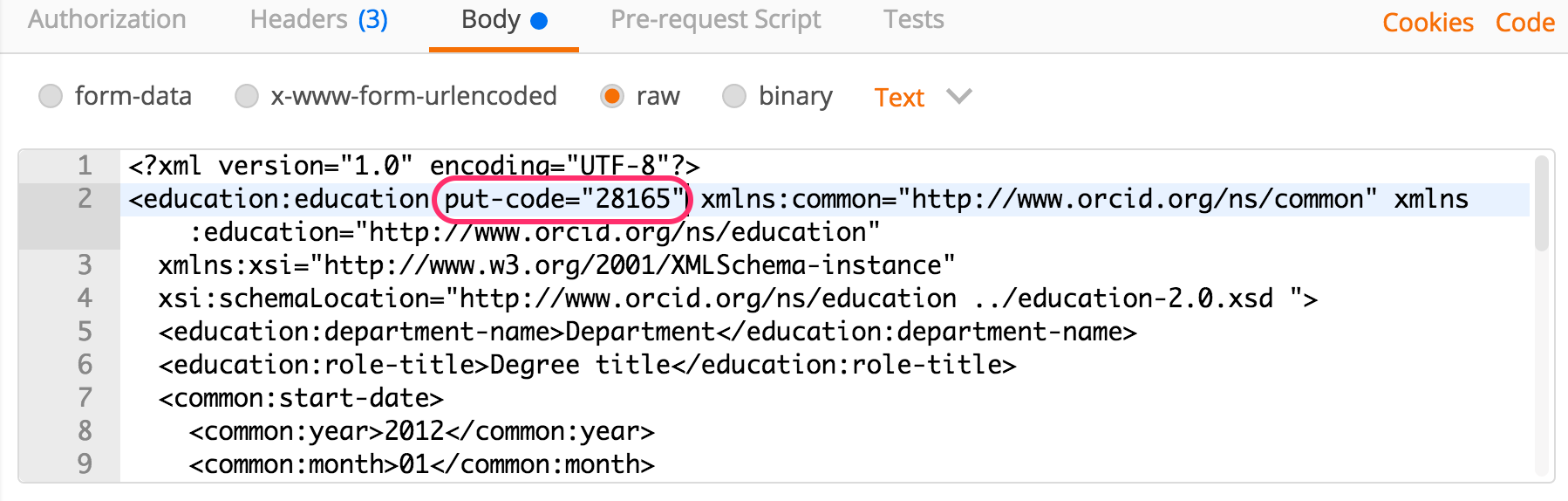 Postman request body configuration for updating an education affiliation showing where to place put-code