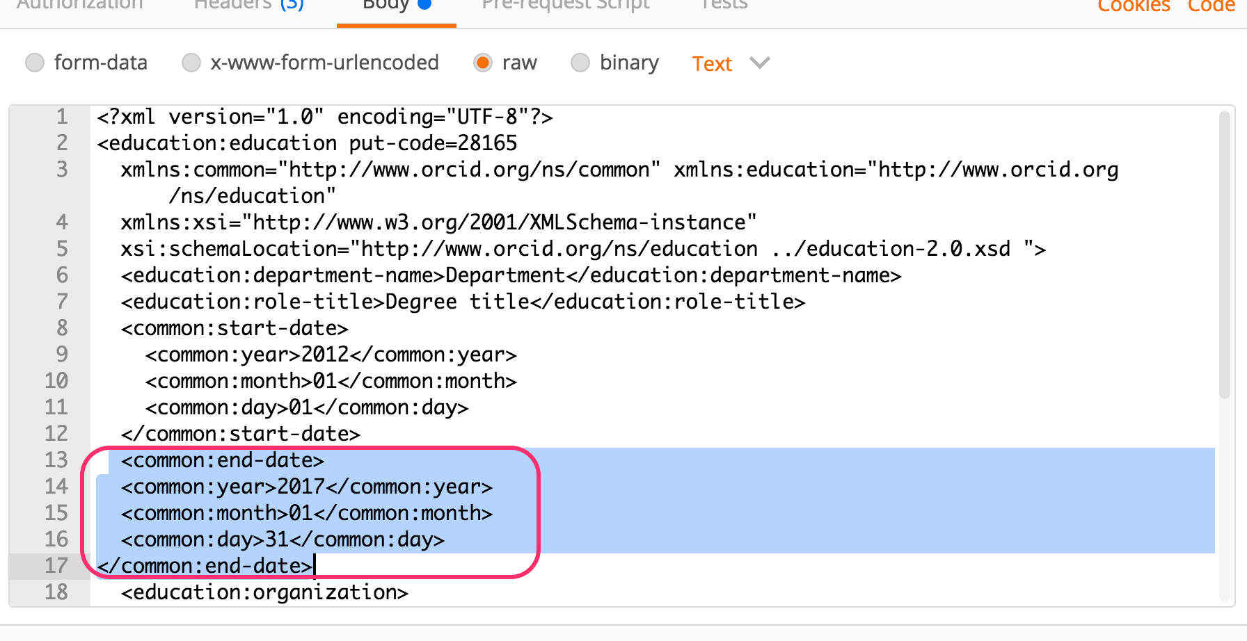 Postman request body configuration for updating an education affiliation showing where to place end-date XML