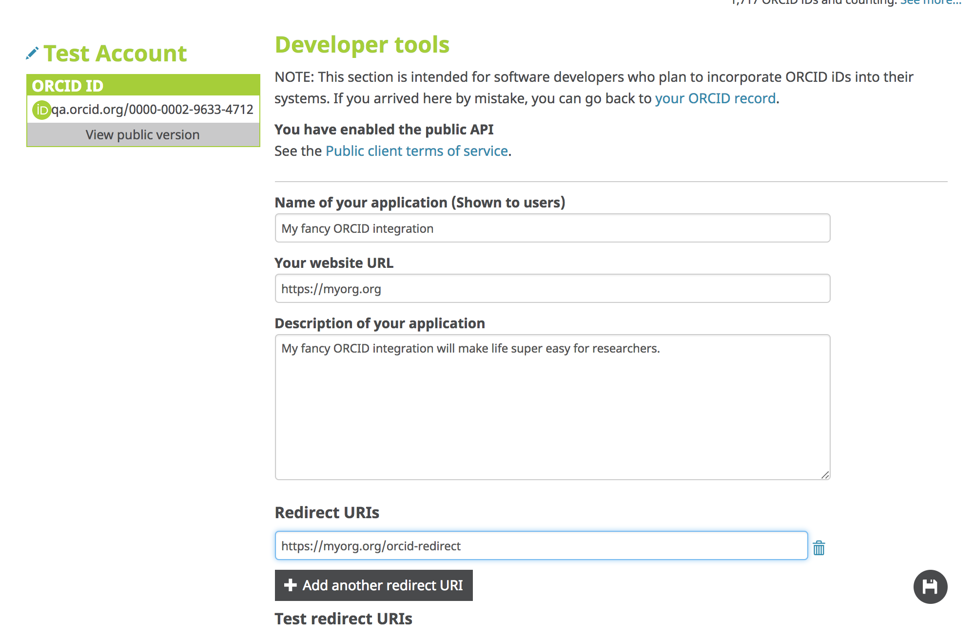 ORCID public API credential request form