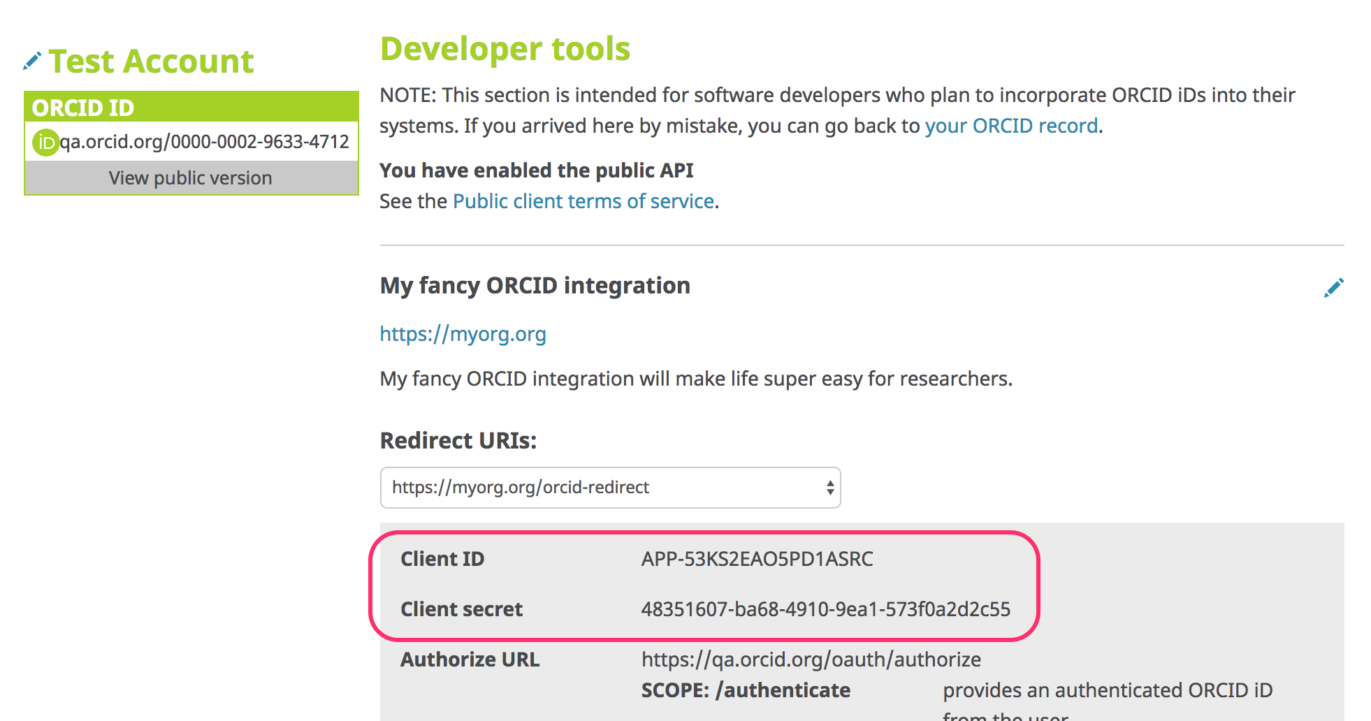 ORCID public API credentials