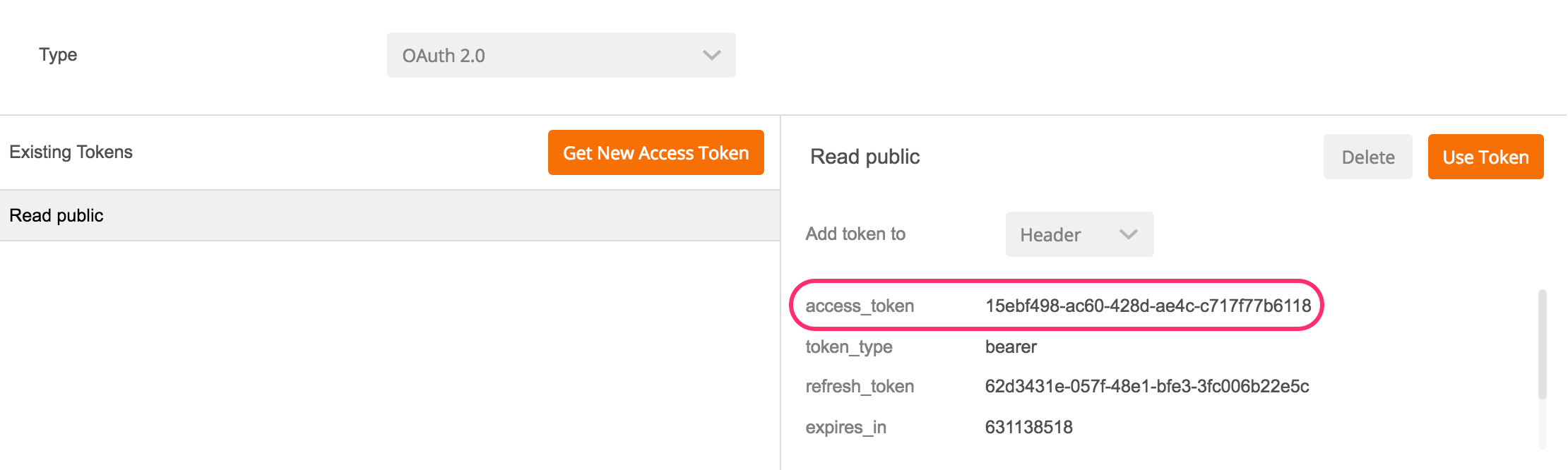 Postman response for an access token request