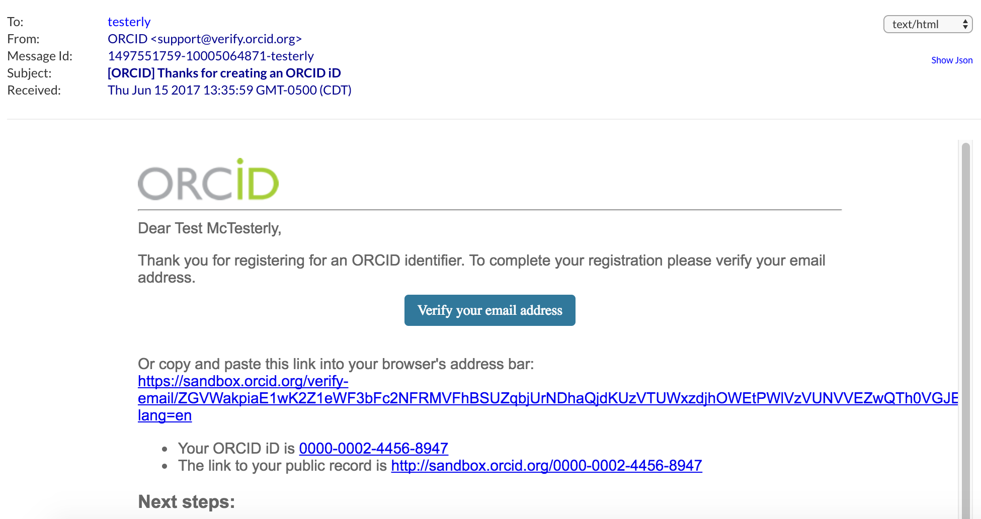 ORCID email verification message