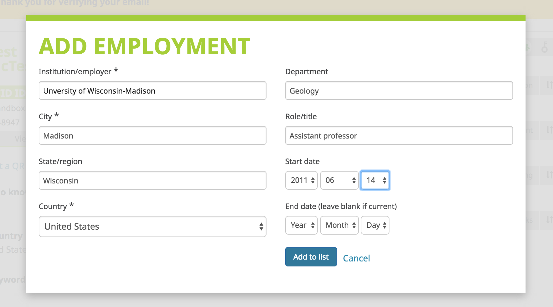 ORCID add employment screen