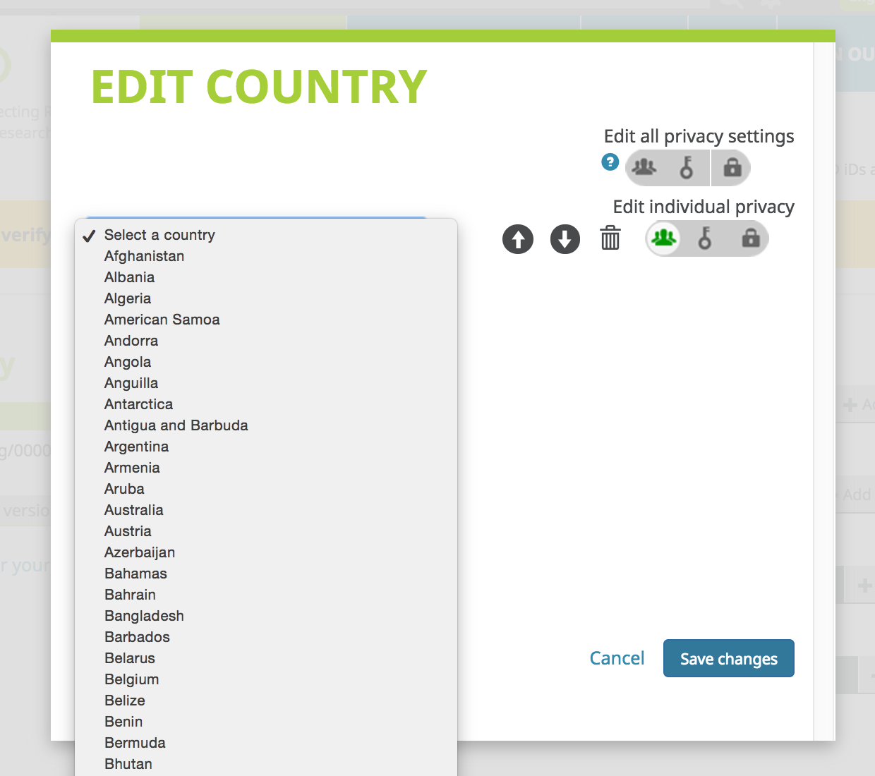 ORCID edit country screen