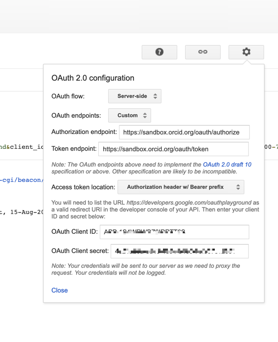 Google Oauth Playground Configuration for client and secret