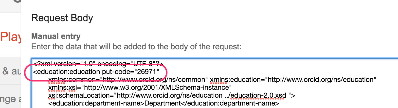 Google OAuth Playground Request Body configuration for updating an education affiliation showing where to place put-code