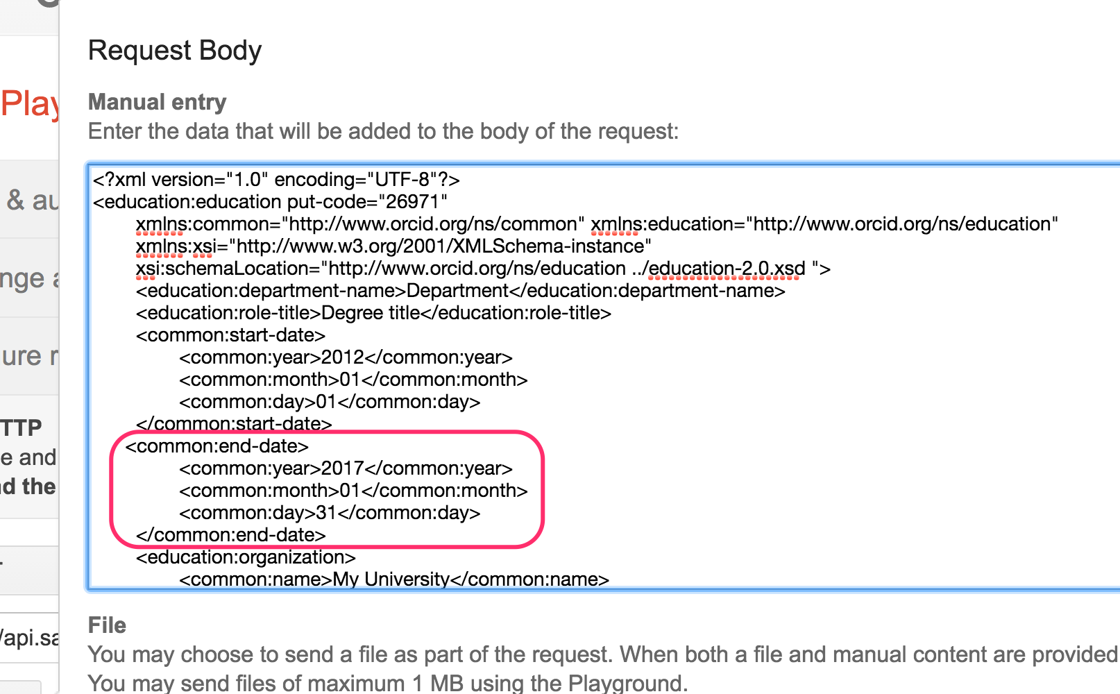 Google OAuth Playground Request Body configuration for updating an education affiliation showing where to place end-date XML