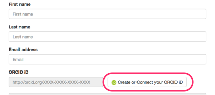 Example manuscript submission form with 'Create or Connect your iD' button