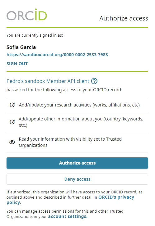 ORCID OAuth screen