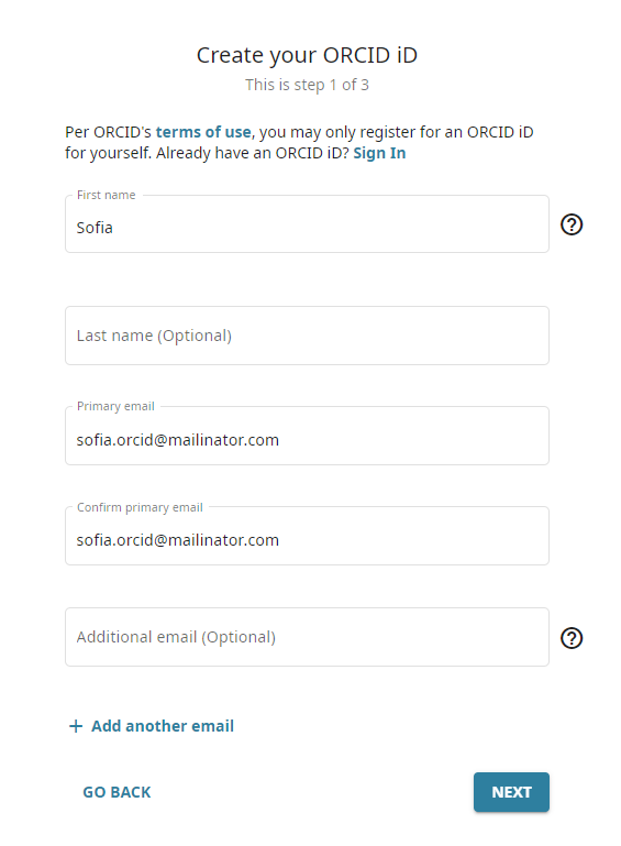 ORCID Sandbox registration form step 1