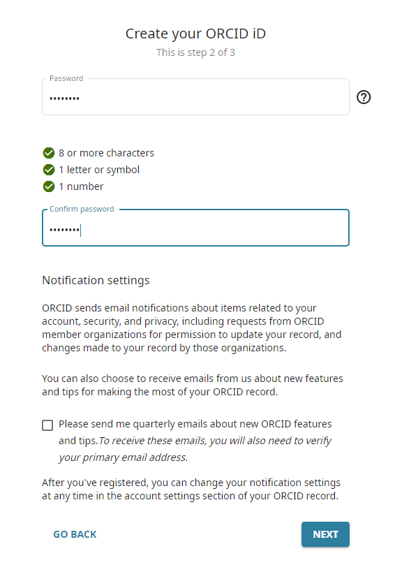 ORCID Sandbox registration form step 2