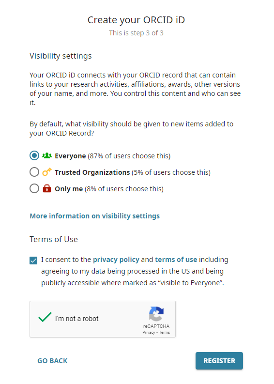 ORCID Sandbox registration form step 3
